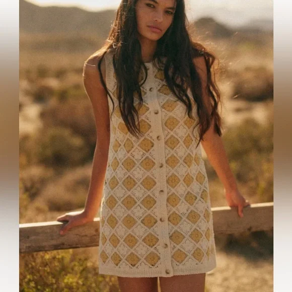 🌻🐝Sézane MARIE DRESS Crochet Floral Dress in Ecru/Yellow - Picture 1 of 10